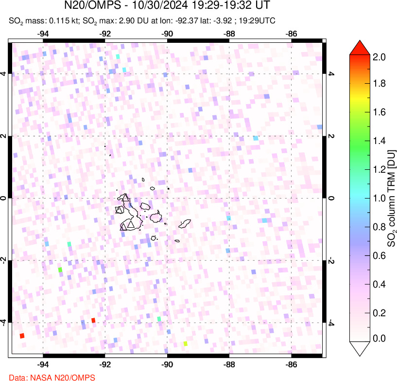 A sulfur dioxide image over Galápagos Islands on Oct 30, 2024.