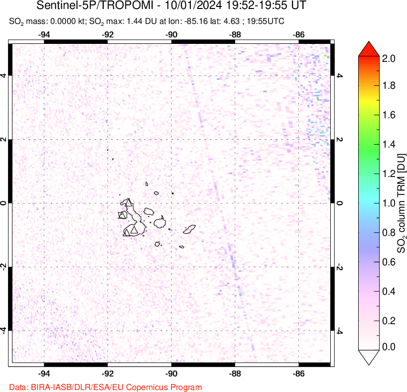 A sulfur dioxide image over Galápagos Islands on Oct 01, 2024.