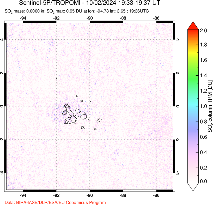 A sulfur dioxide image over Galápagos Islands on Oct 02, 2024.