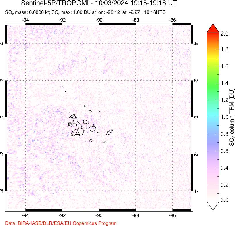 A sulfur dioxide image over Galápagos Islands on Oct 03, 2024.