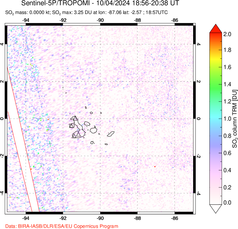 A sulfur dioxide image over Galápagos Islands on Oct 04, 2024.