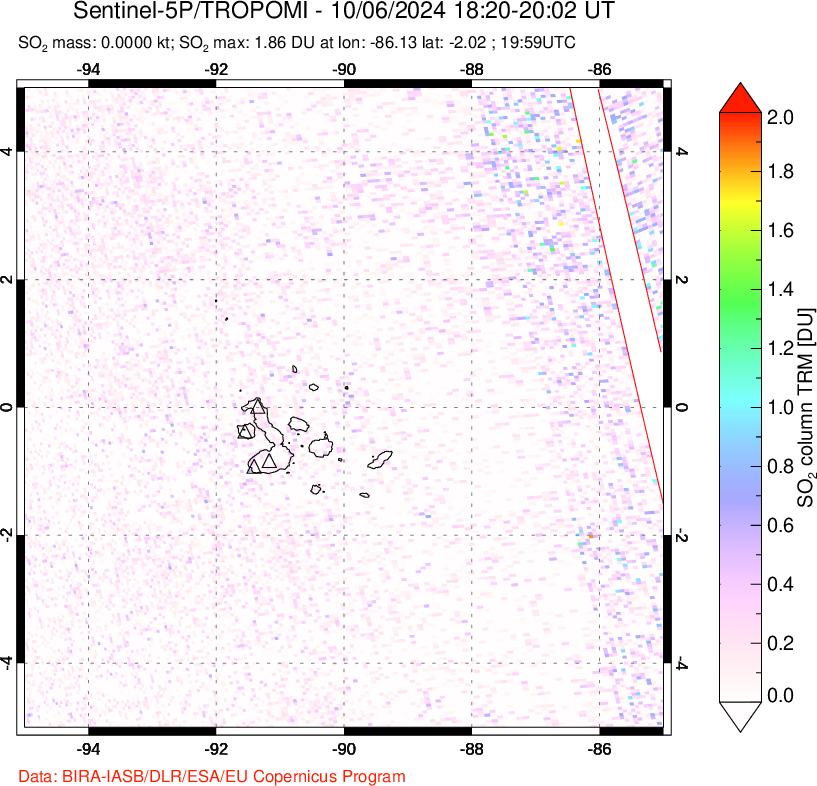 A sulfur dioxide image over Galápagos Islands on Oct 06, 2024.