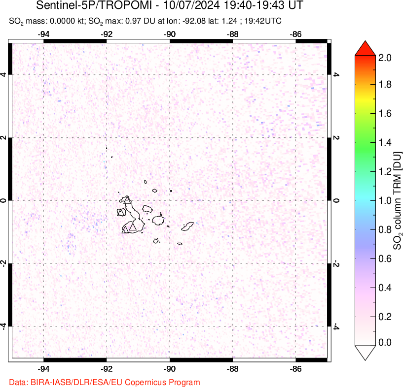 A sulfur dioxide image over Galápagos Islands on Oct 07, 2024.