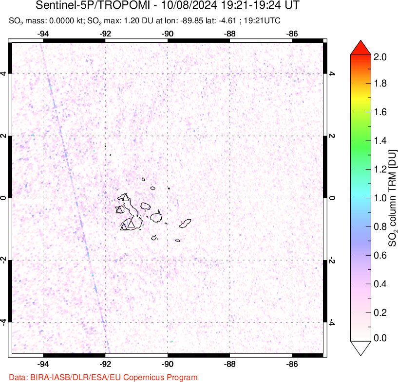 A sulfur dioxide image over Galápagos Islands on Oct 08, 2024.