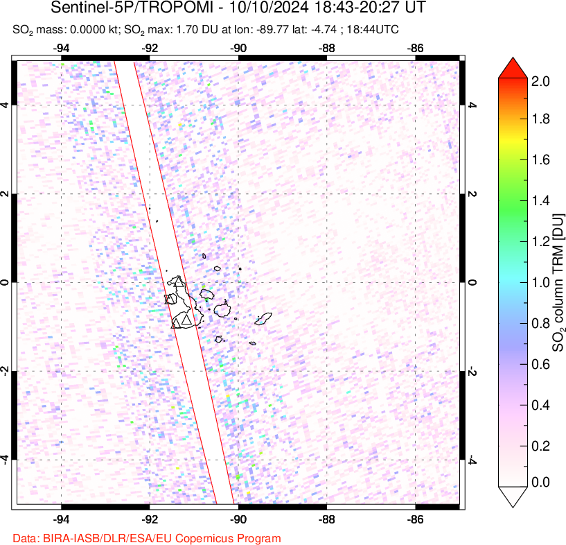 A sulfur dioxide image over Galápagos Islands on Oct 10, 2024.