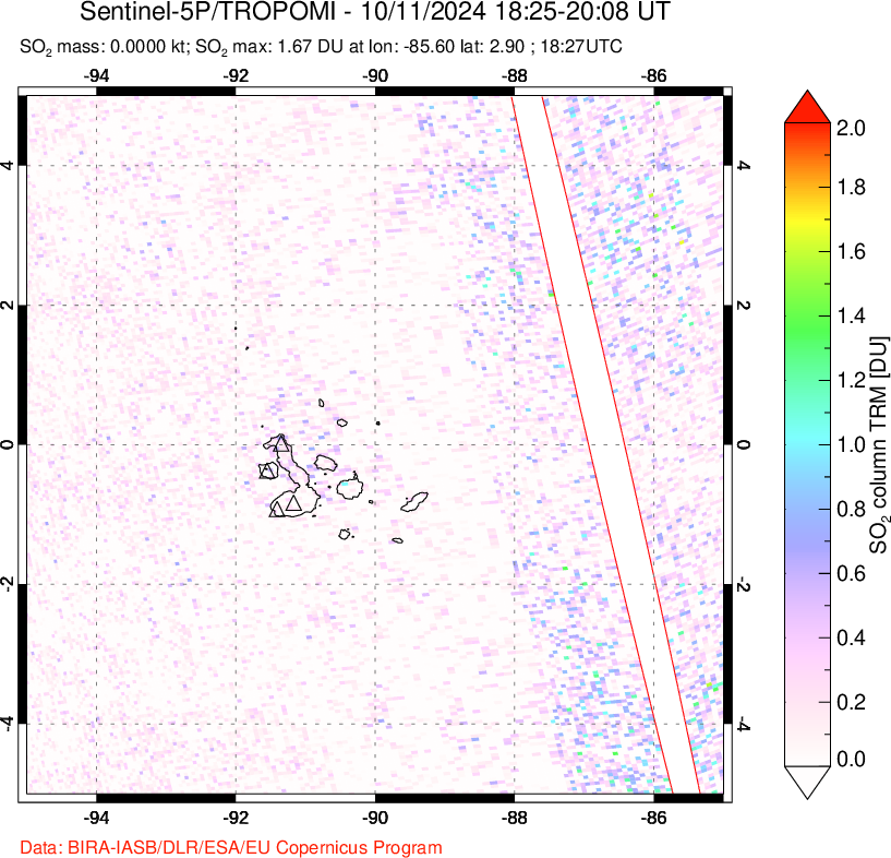 A sulfur dioxide image over Galápagos Islands on Oct 11, 2024.