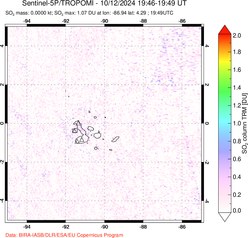 A sulfur dioxide image over Galápagos Islands on Oct 12, 2024.