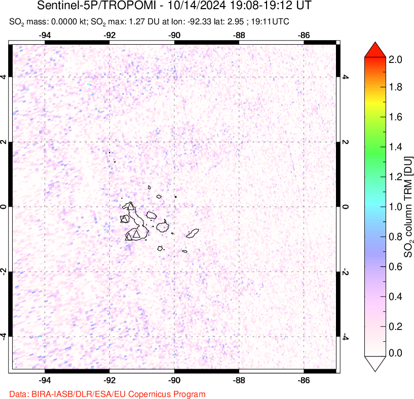 A sulfur dioxide image over Galápagos Islands on Oct 14, 2024.