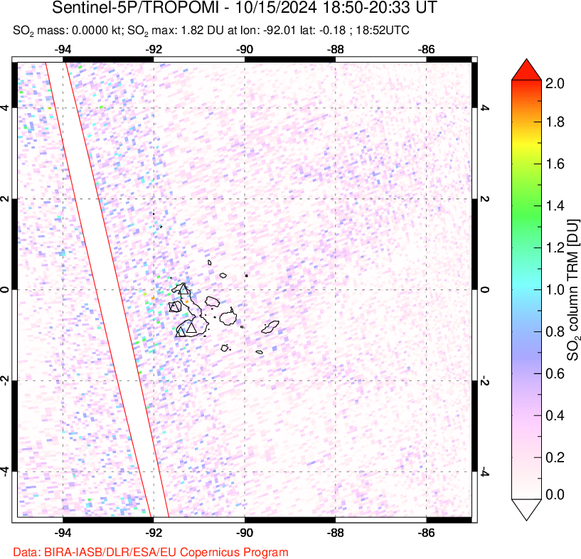 A sulfur dioxide image over Galápagos Islands on Oct 15, 2024.