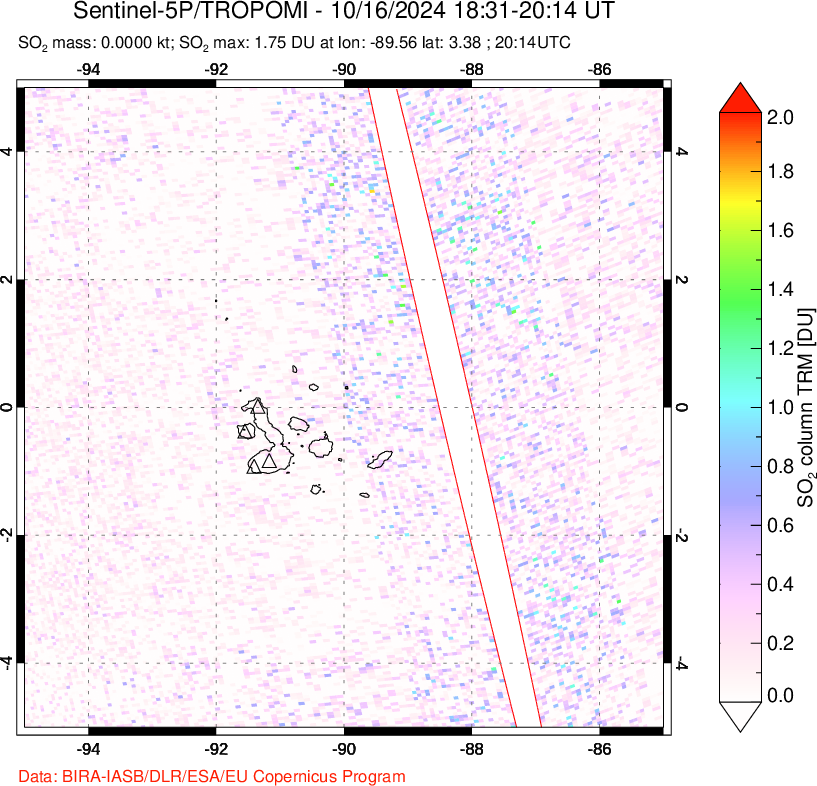 A sulfur dioxide image over Galápagos Islands on Oct 16, 2024.