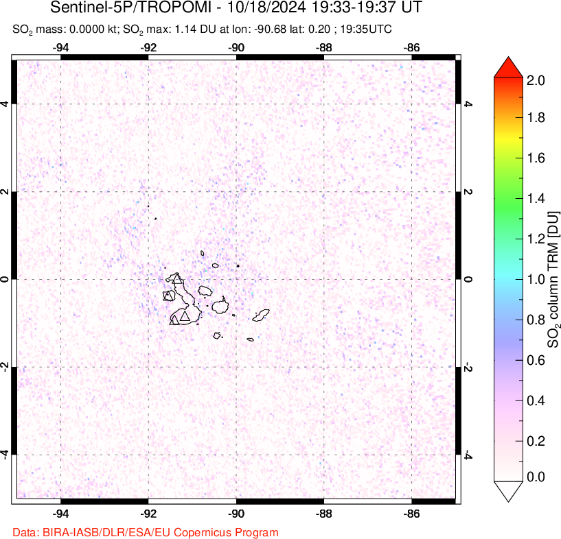 A sulfur dioxide image over Galápagos Islands on Oct 18, 2024.