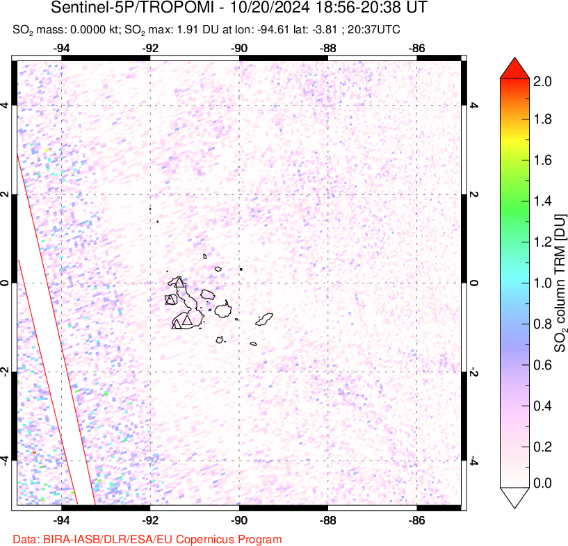 A sulfur dioxide image over Galápagos Islands on Oct 20, 2024.