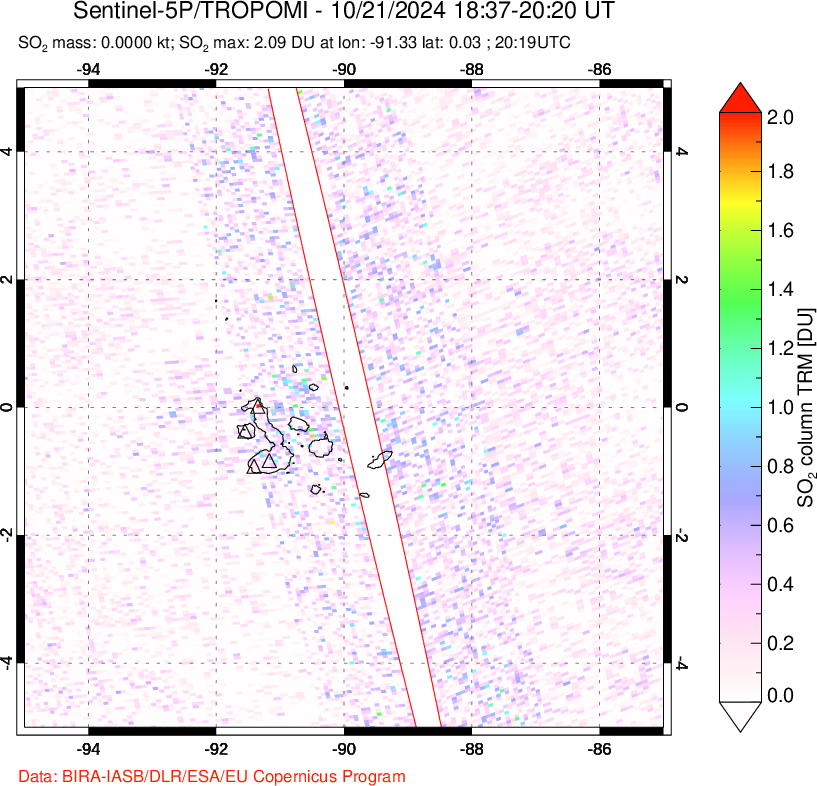 A sulfur dioxide image over Galápagos Islands on Oct 21, 2024.