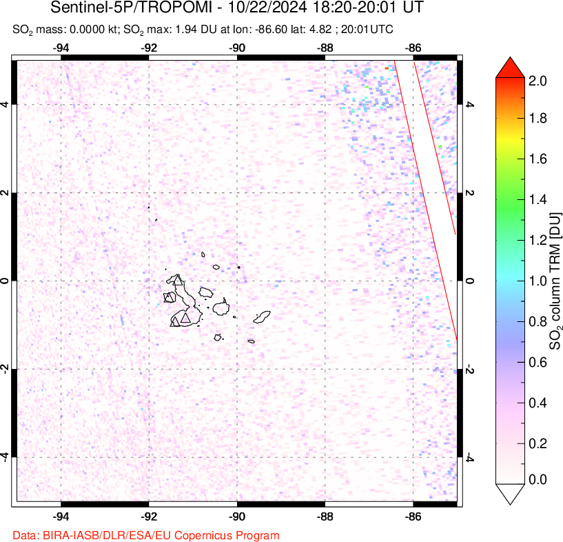 A sulfur dioxide image over Galápagos Islands on Oct 22, 2024.