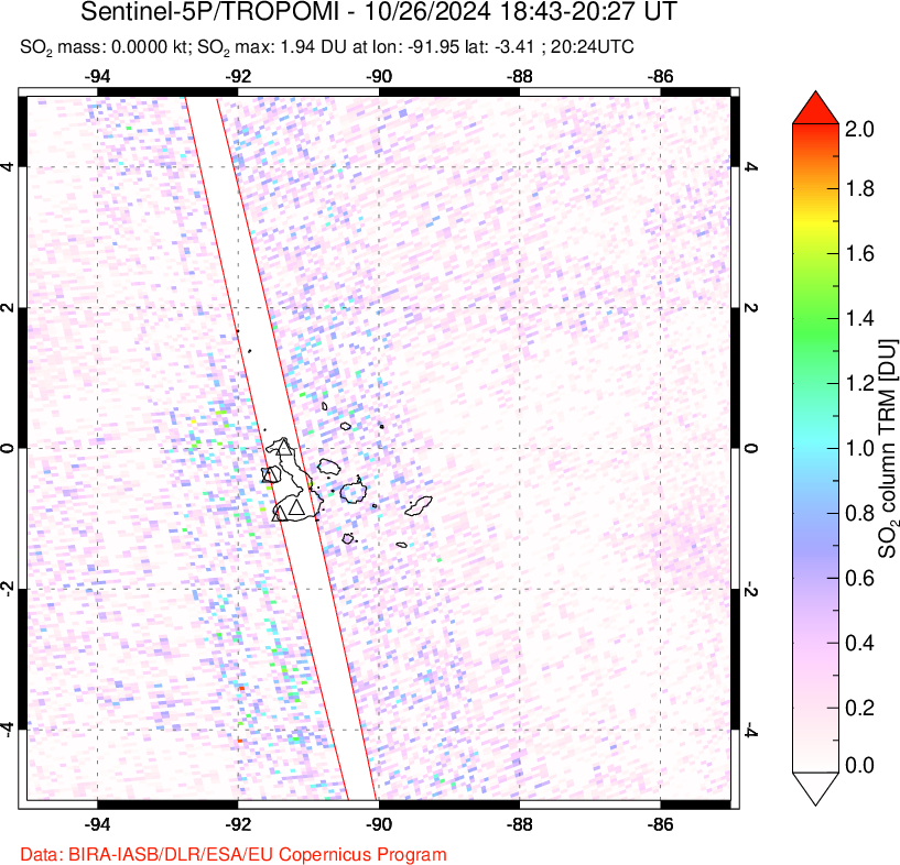 A sulfur dioxide image over Galápagos Islands on Oct 26, 2024.