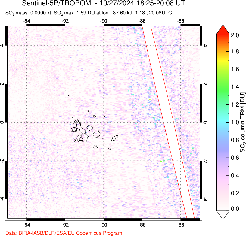 A sulfur dioxide image over Galápagos Islands on Oct 27, 2024.