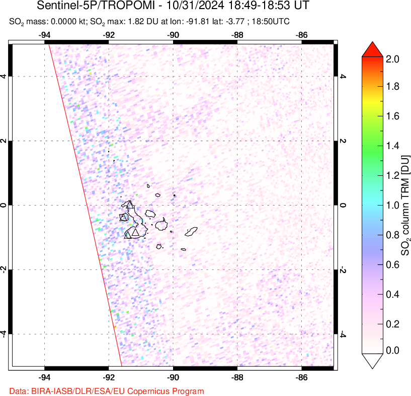 A sulfur dioxide image over Galápagos Islands on Oct 31, 2024.