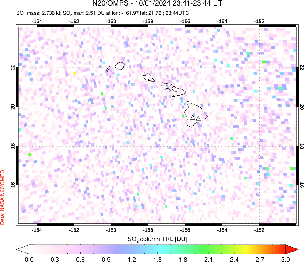 A sulfur dioxide image over Hawaii, USA on Oct 01, 2024.