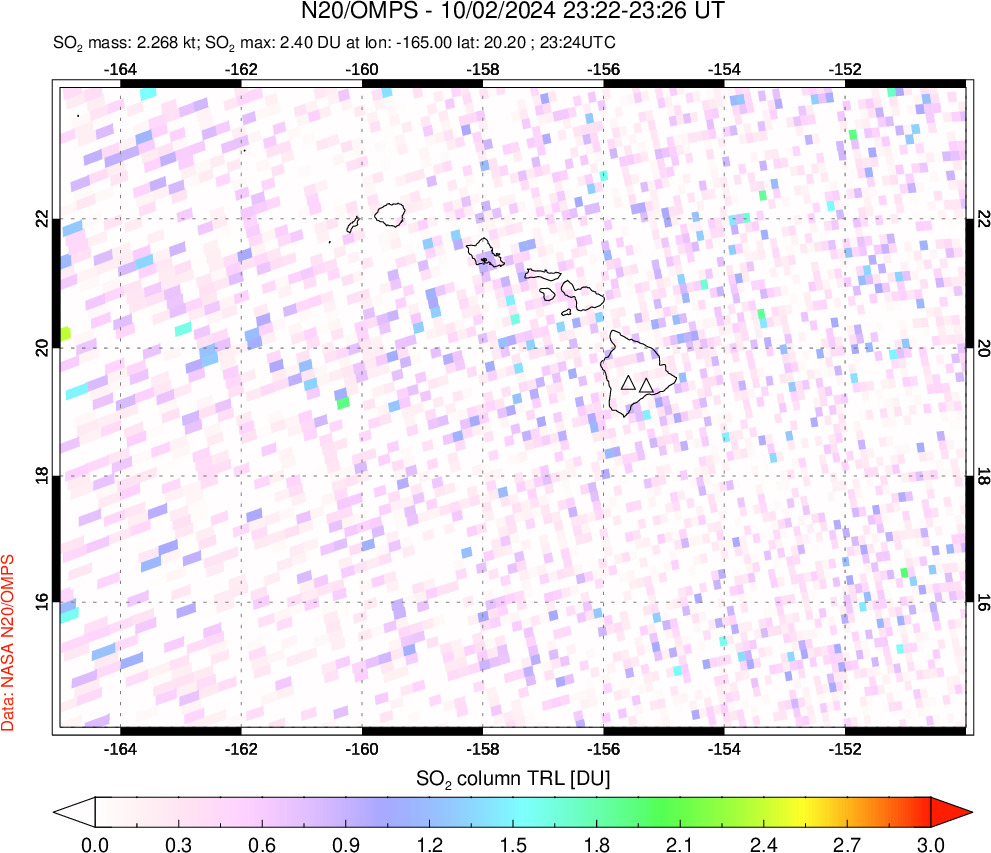 A sulfur dioxide image over Hawaii, USA on Oct 02, 2024.