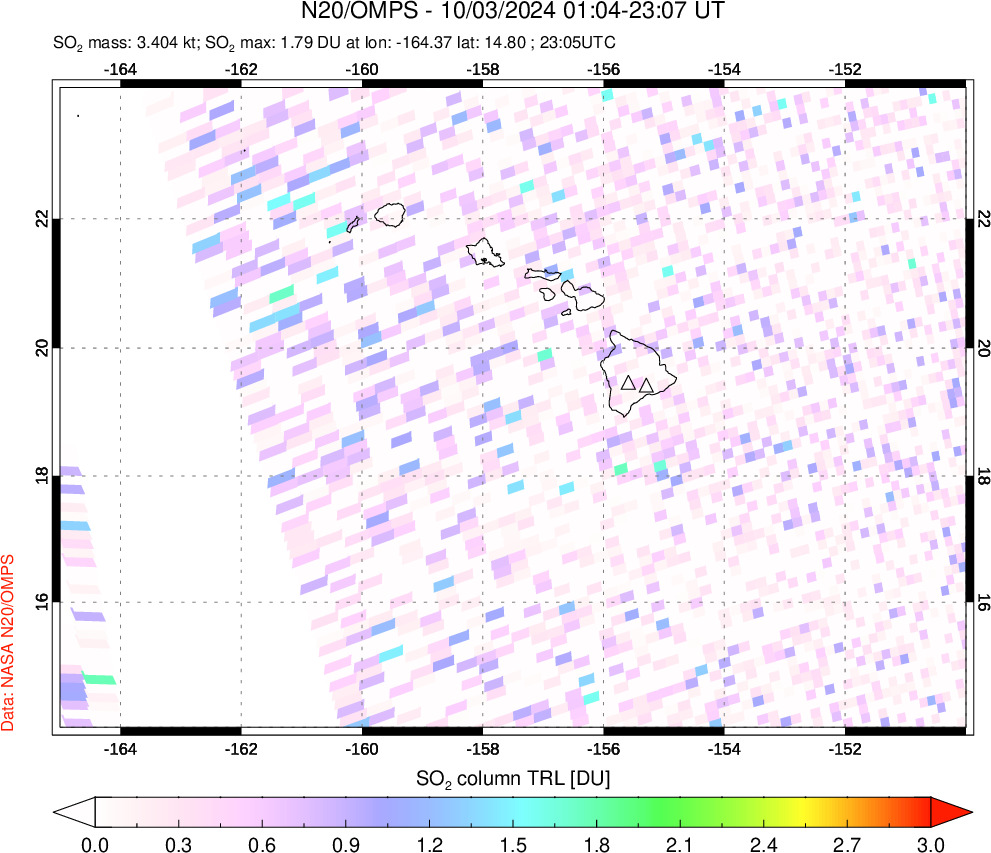 A sulfur dioxide image over Hawaii, USA on Oct 03, 2024.