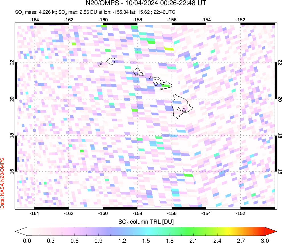 A sulfur dioxide image over Hawaii, USA on Oct 04, 2024.