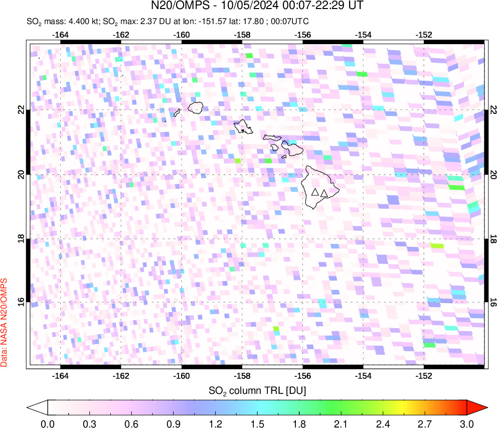 A sulfur dioxide image over Hawaii, USA on Oct 05, 2024.