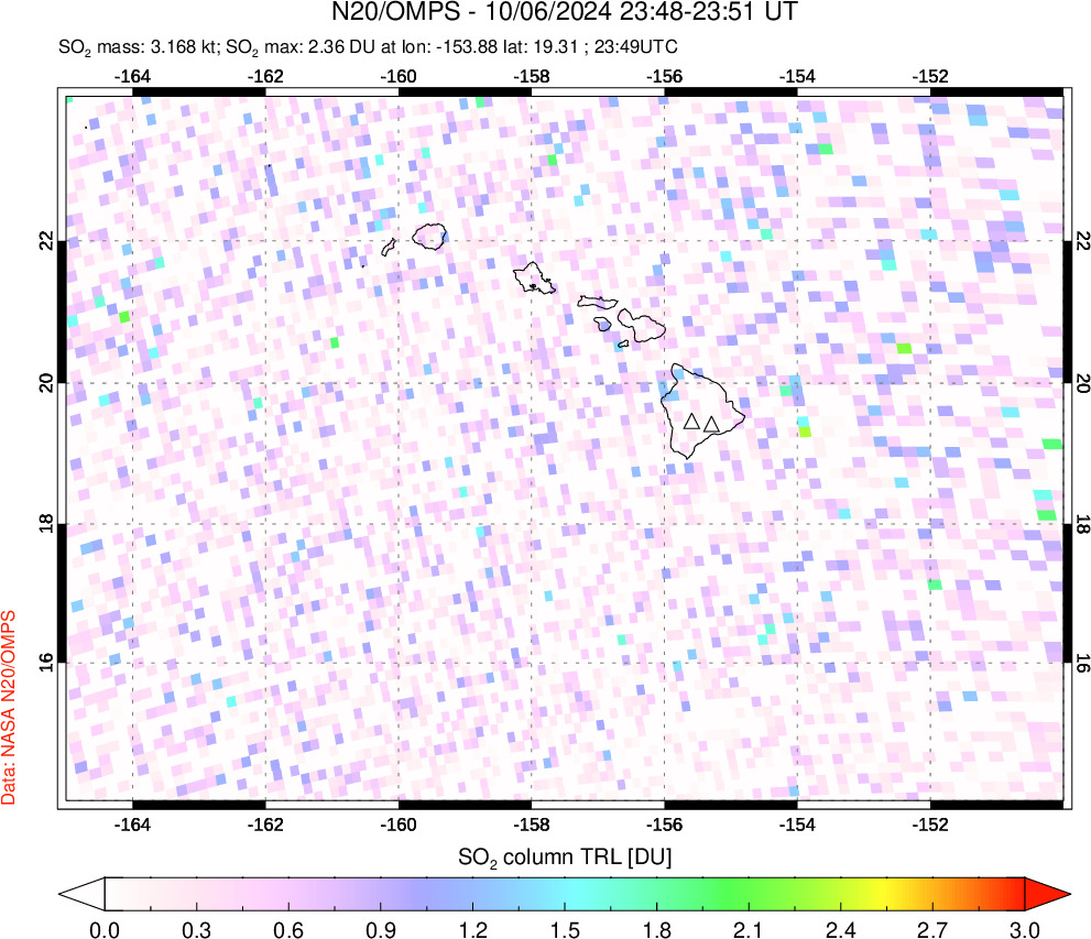 A sulfur dioxide image over Hawaii, USA on Oct 06, 2024.