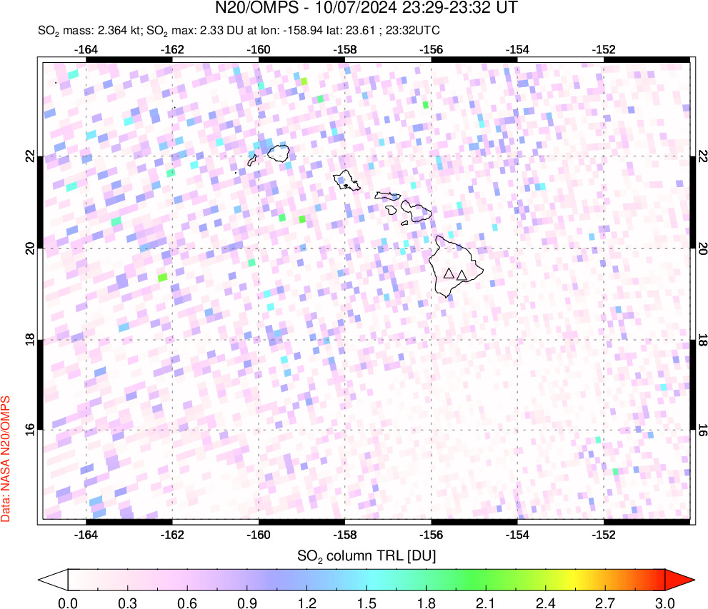 A sulfur dioxide image over Hawaii, USA on Oct 07, 2024.