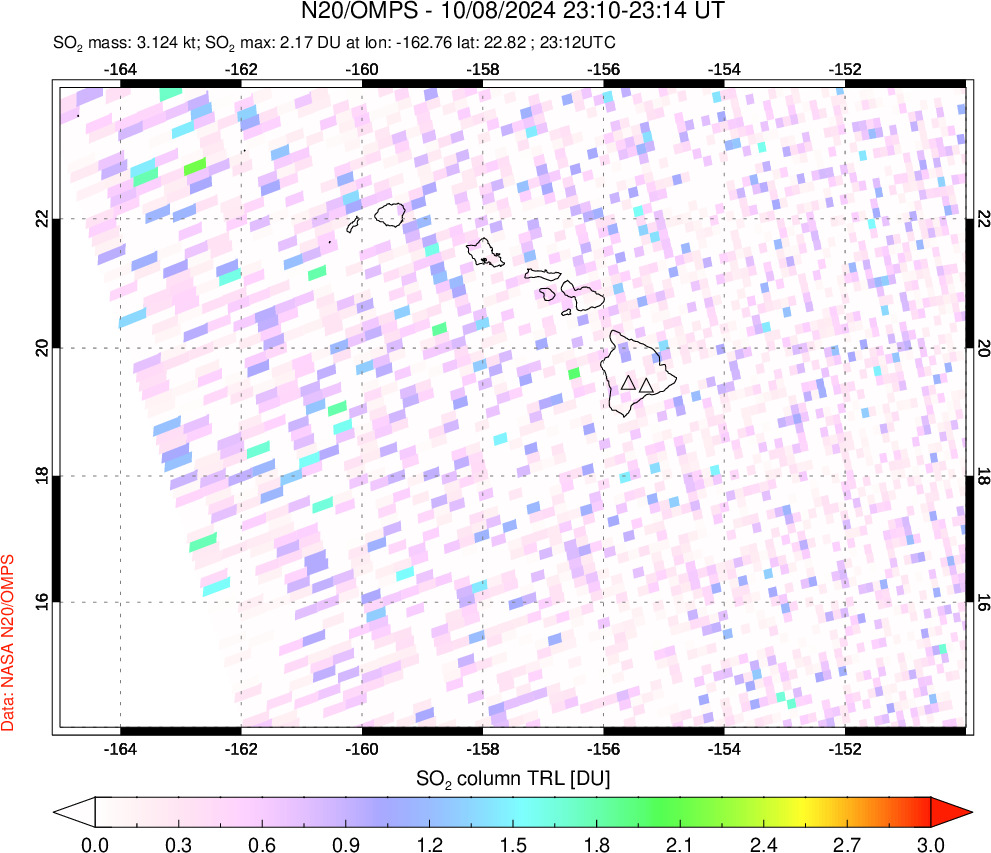 A sulfur dioxide image over Hawaii, USA on Oct 08, 2024.