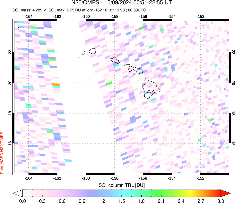 A sulfur dioxide image over Hawaii, USA on Oct 09, 2024.