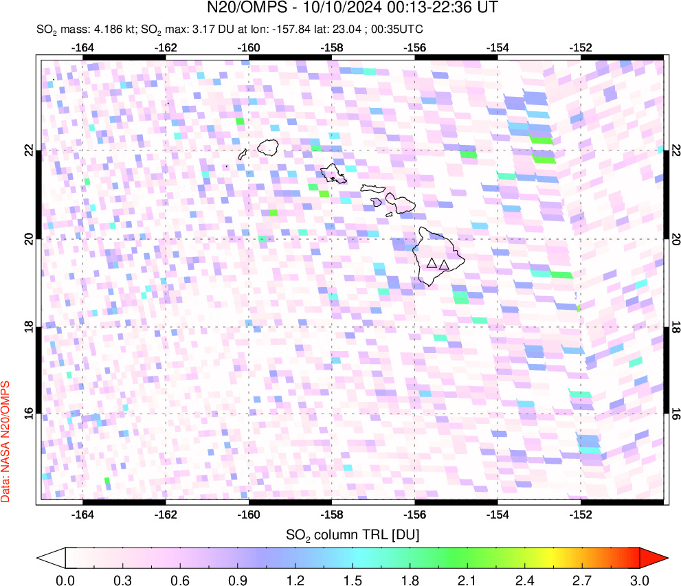 A sulfur dioxide image over Hawaii, USA on Oct 10, 2024.