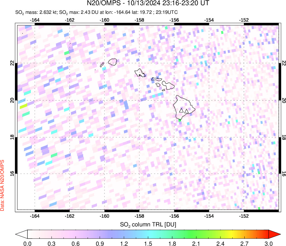 A sulfur dioxide image over Hawaii, USA on Oct 13, 2024.