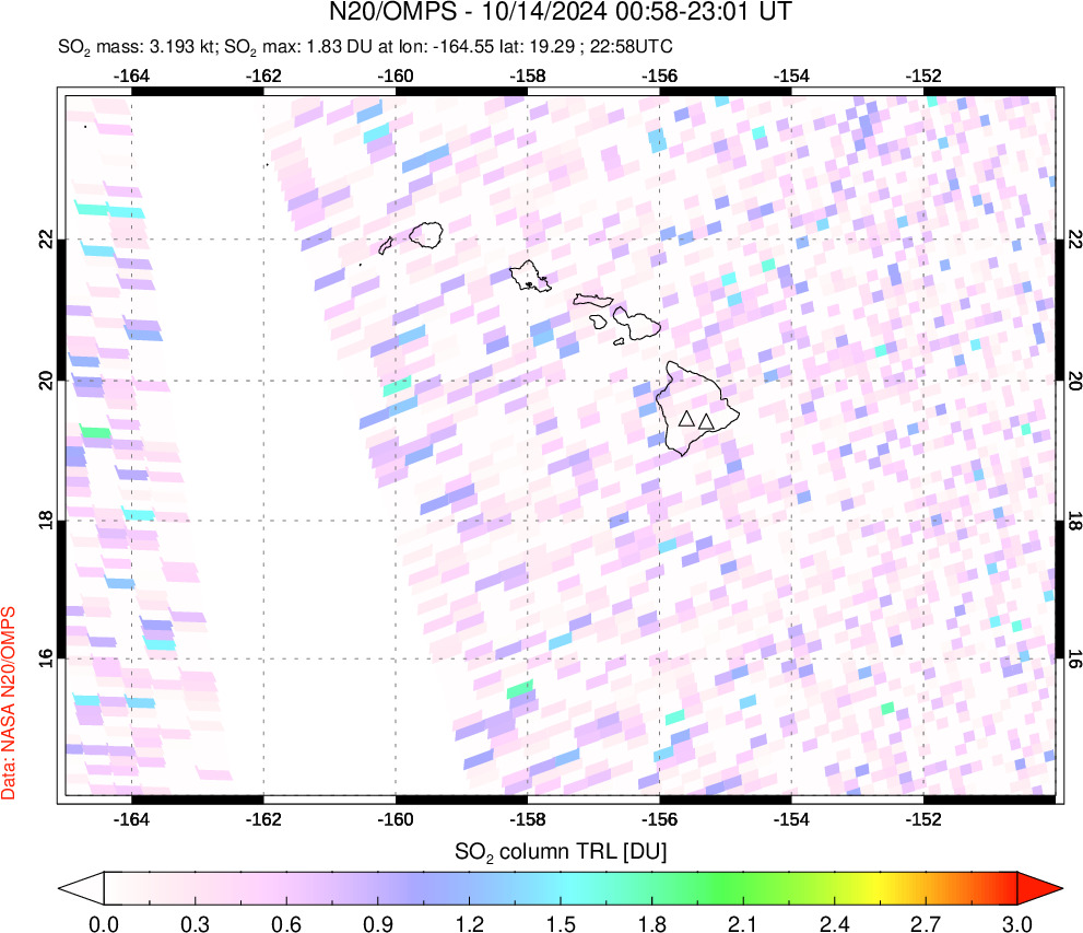 A sulfur dioxide image over Hawaii, USA on Oct 14, 2024.