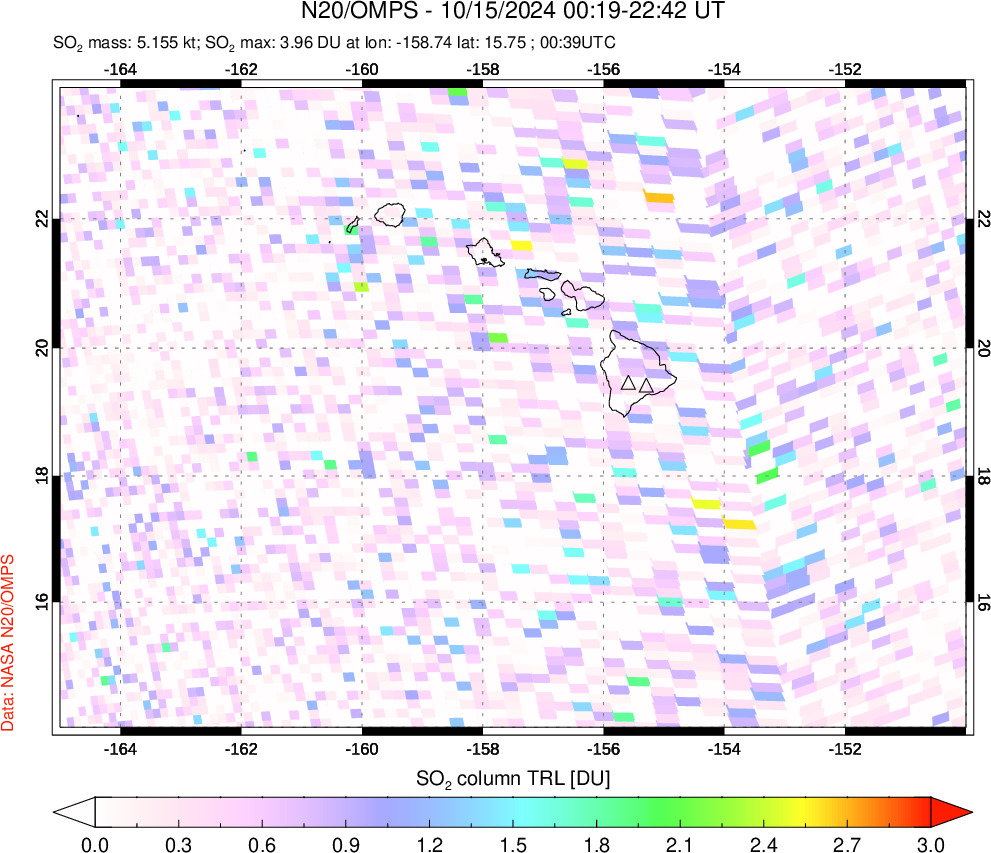 A sulfur dioxide image over Hawaii, USA on Oct 15, 2024.