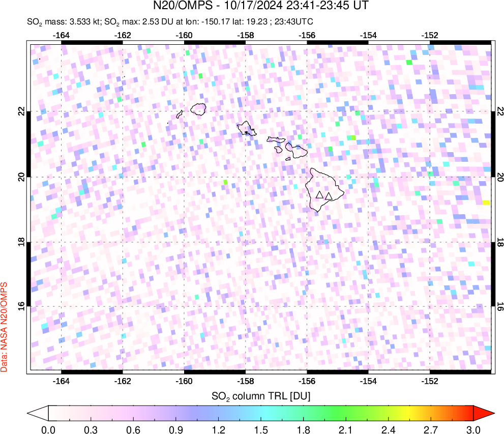 A sulfur dioxide image over Hawaii, USA on Oct 17, 2024.