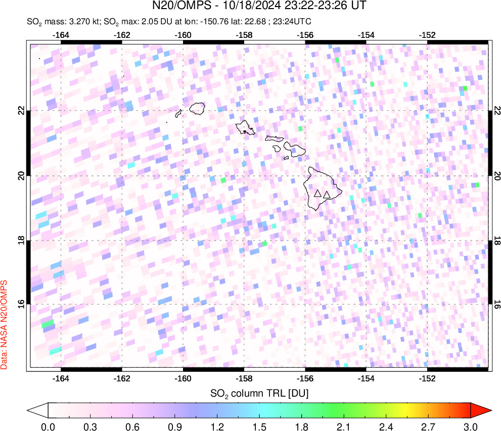 A sulfur dioxide image over Hawaii, USA on Oct 18, 2024.