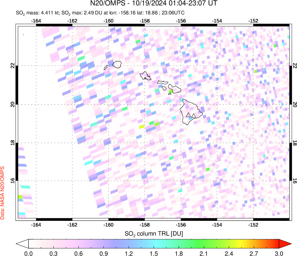 A sulfur dioxide image over Hawaii, USA on Oct 19, 2024.