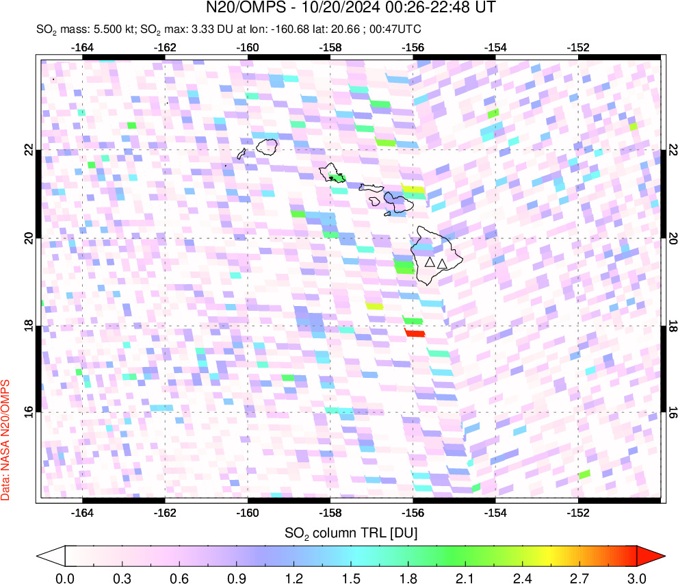 A sulfur dioxide image over Hawaii, USA on Oct 20, 2024.