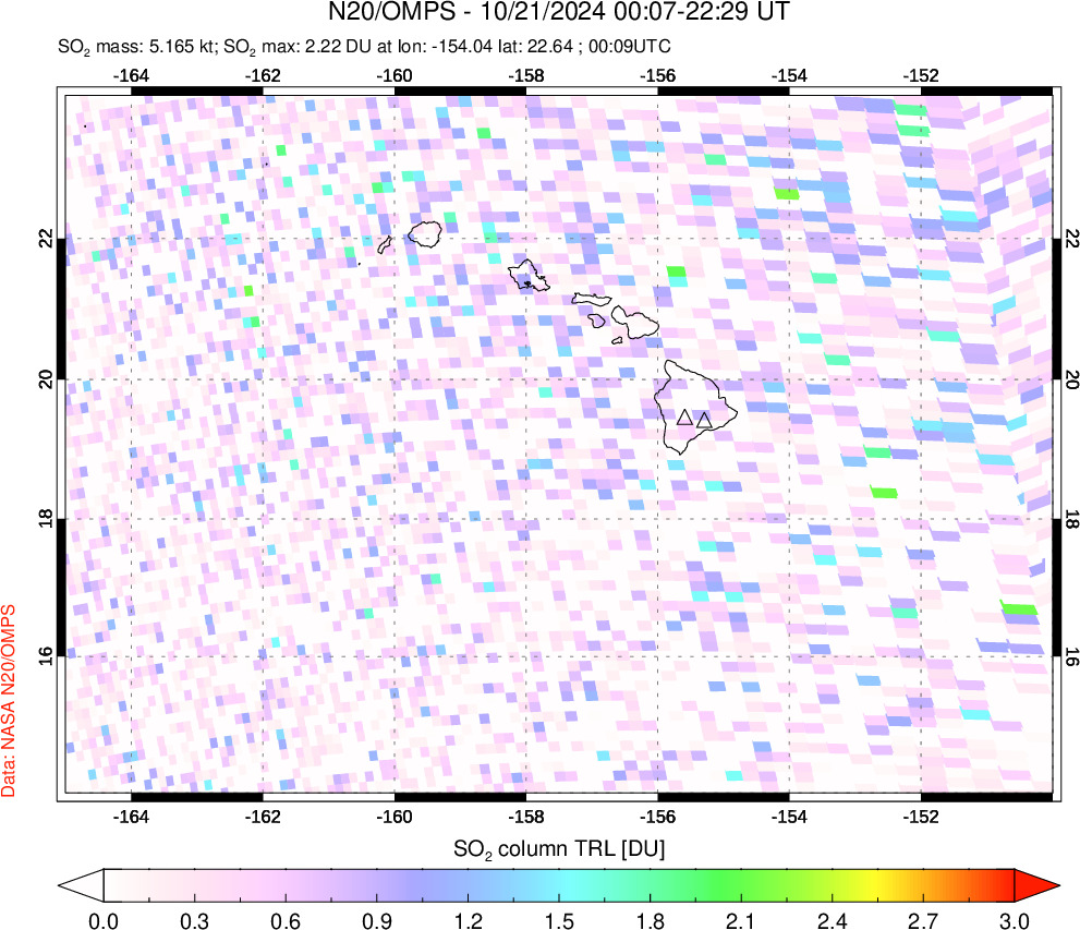 A sulfur dioxide image over Hawaii, USA on Oct 21, 2024.