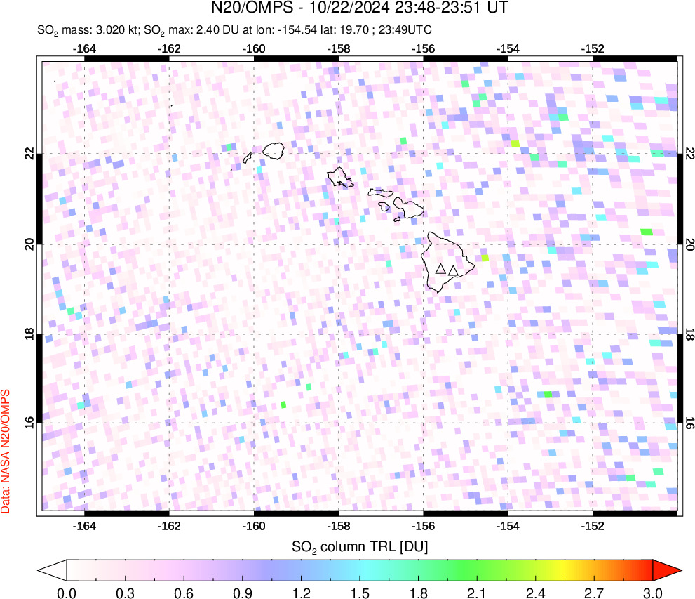 A sulfur dioxide image over Hawaii, USA on Oct 22, 2024.