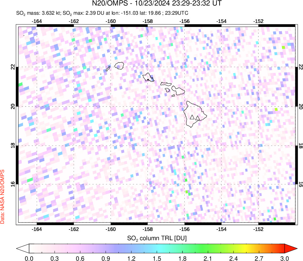 A sulfur dioxide image over Hawaii, USA on Oct 23, 2024.