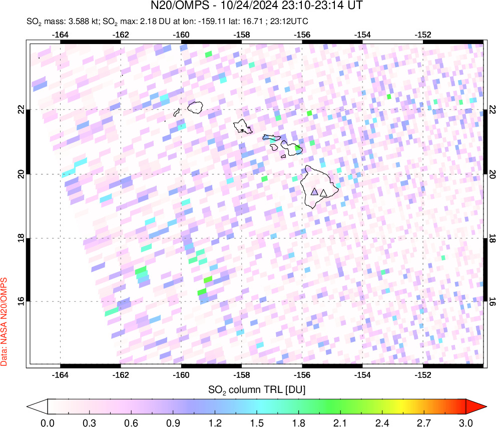 A sulfur dioxide image over Hawaii, USA on Oct 24, 2024.