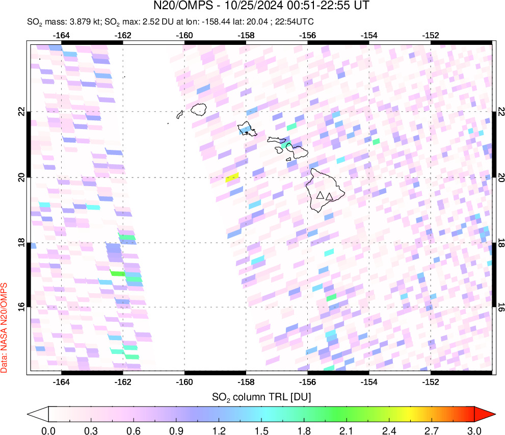 A sulfur dioxide image over Hawaii, USA on Oct 25, 2024.