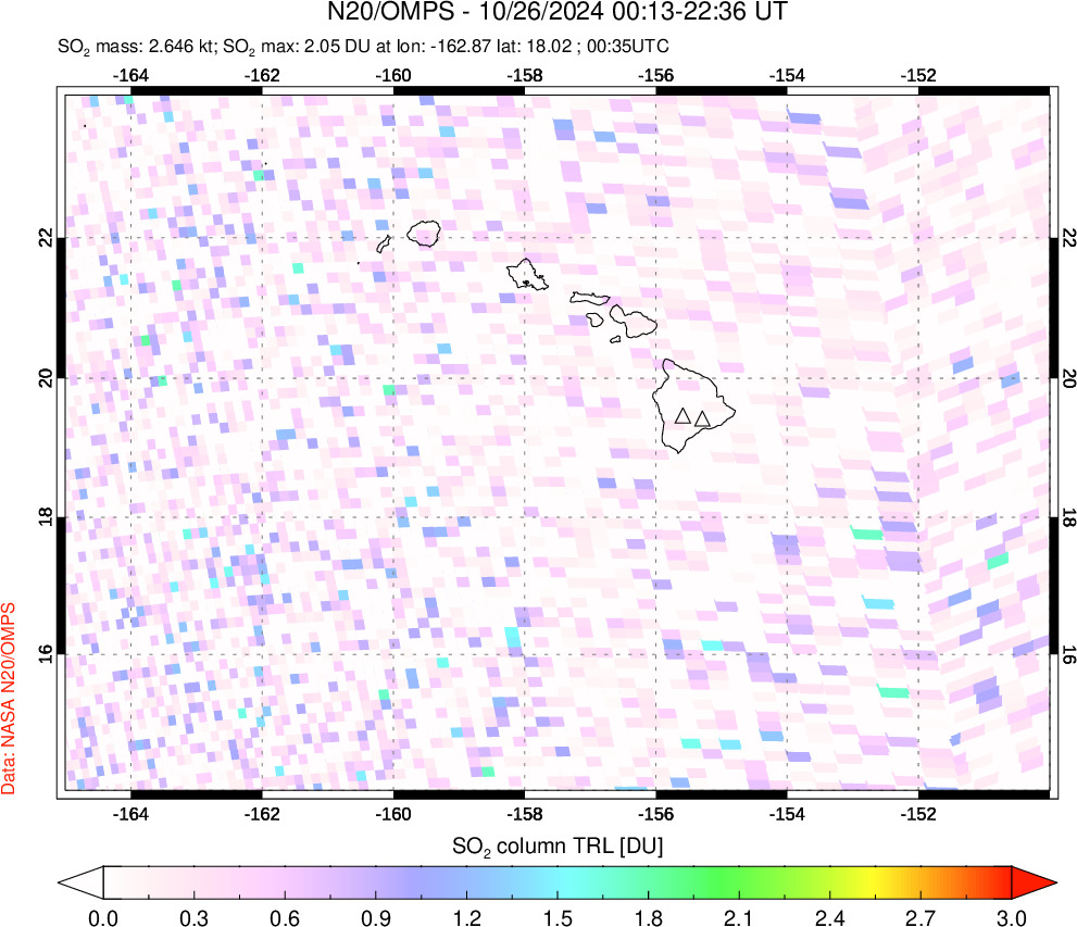 A sulfur dioxide image over Hawaii, USA on Oct 26, 2024.