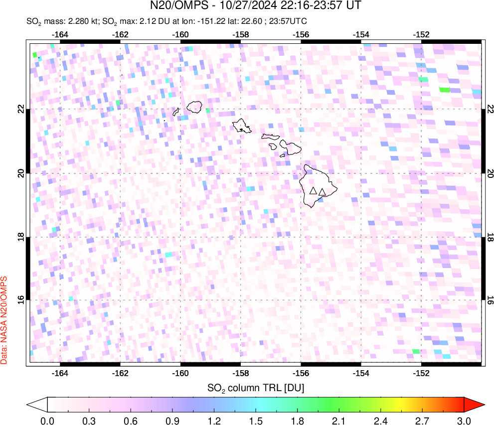 A sulfur dioxide image over Hawaii, USA on Oct 27, 2024.