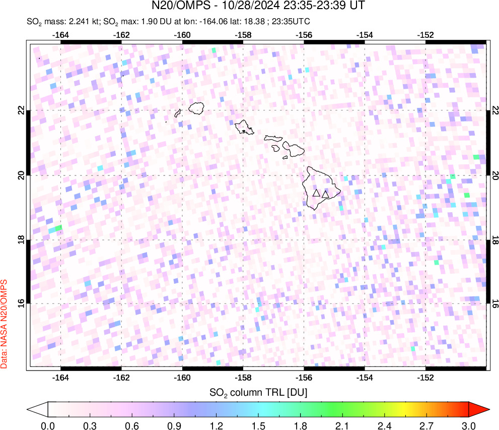 A sulfur dioxide image over Hawaii, USA on Oct 28, 2024.