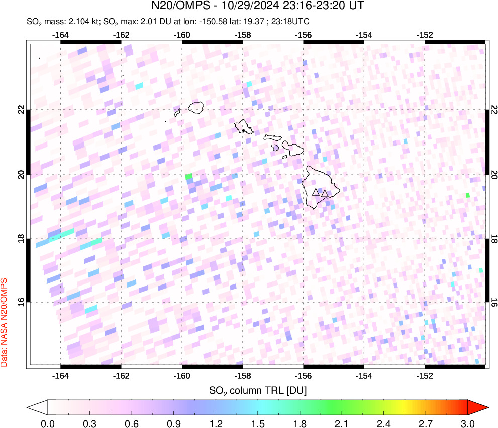 A sulfur dioxide image over Hawaii, USA on Oct 29, 2024.