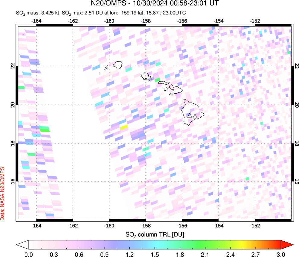 A sulfur dioxide image over Hawaii, USA on Oct 30, 2024.