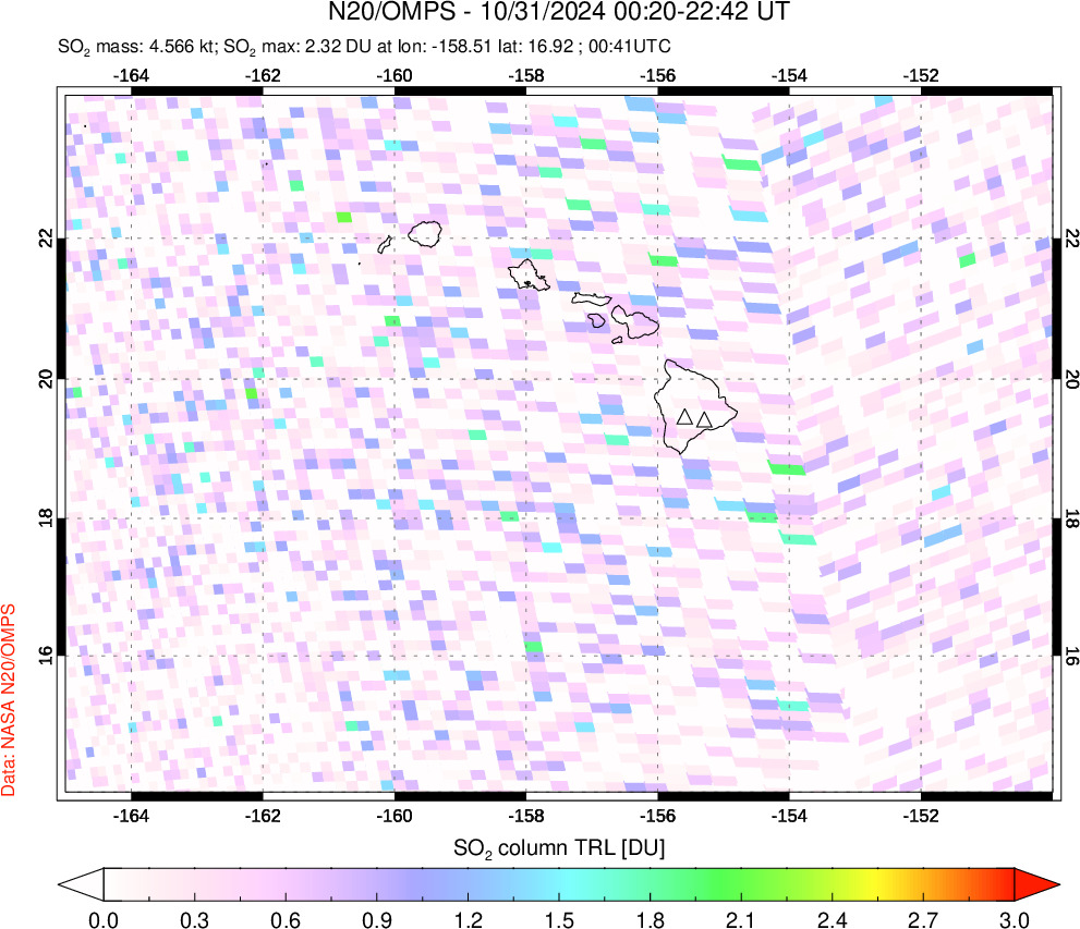 A sulfur dioxide image over Hawaii, USA on Oct 31, 2024.