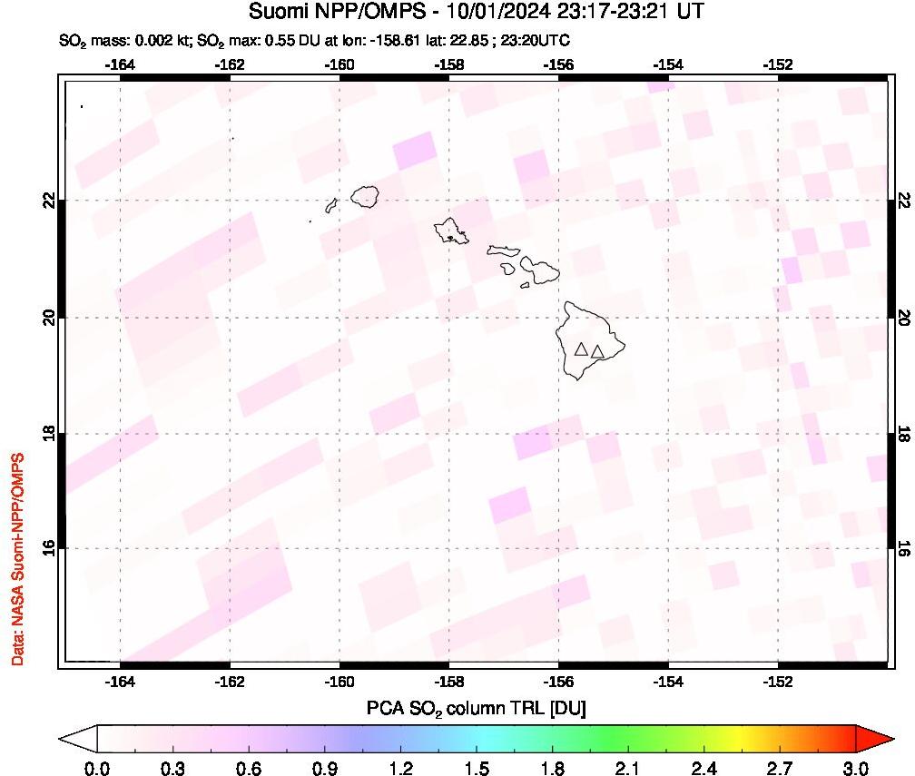 A sulfur dioxide image over Hawaii, USA on Oct 01, 2024.